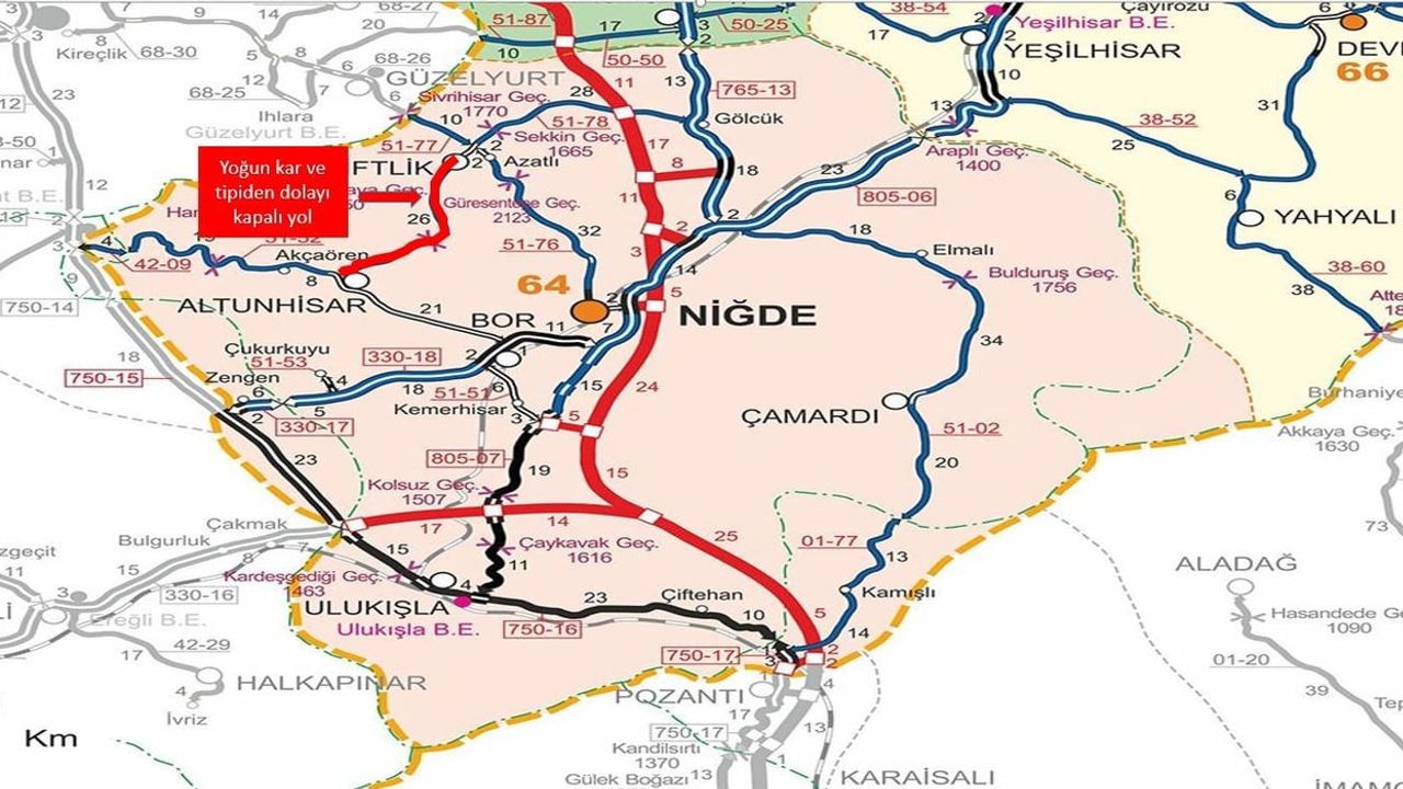 Niğde'de kar ve tipi nedeniyle iki yol geçici olarak kapatıldı