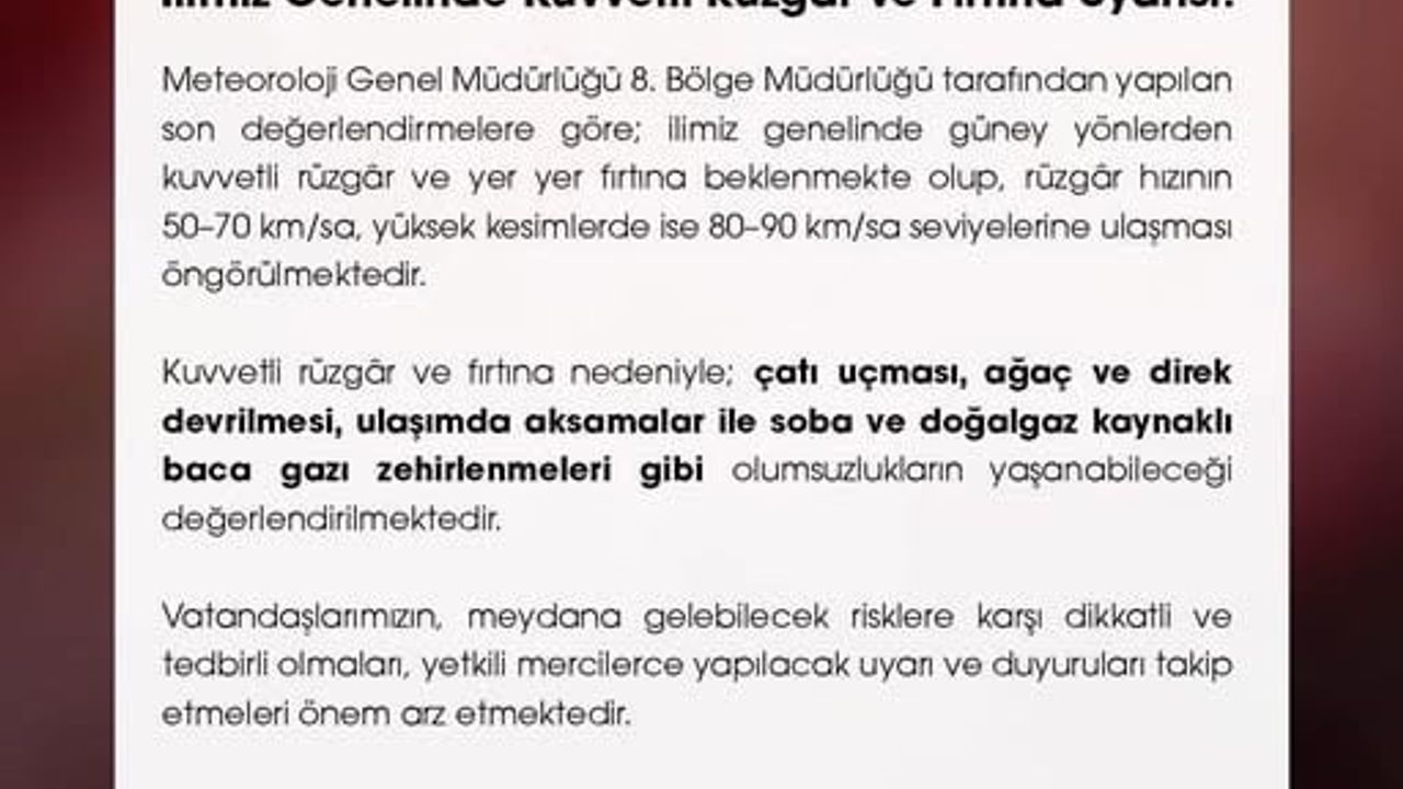 Niğde Valiliği'nden kuvvetli rüzgar ve fırtına uyarısı