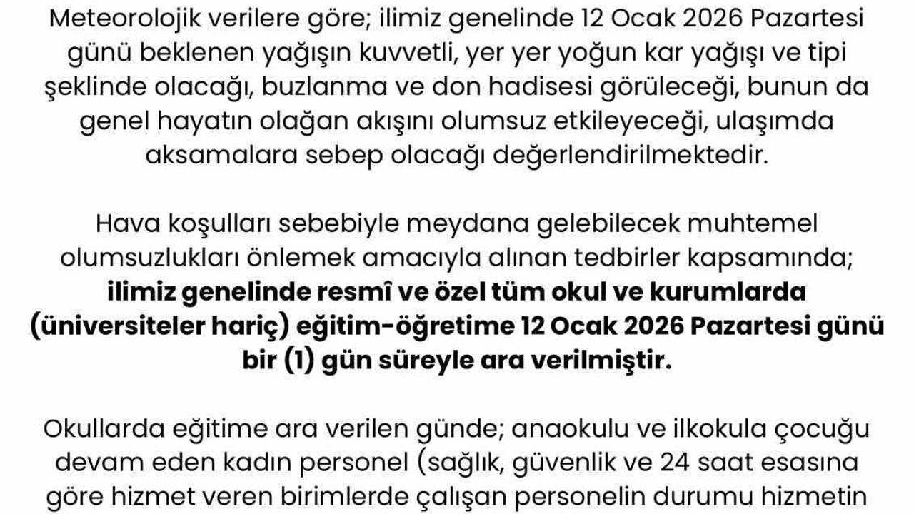 Sakarya'da 12 Ocak'ta eğitime kar tatili