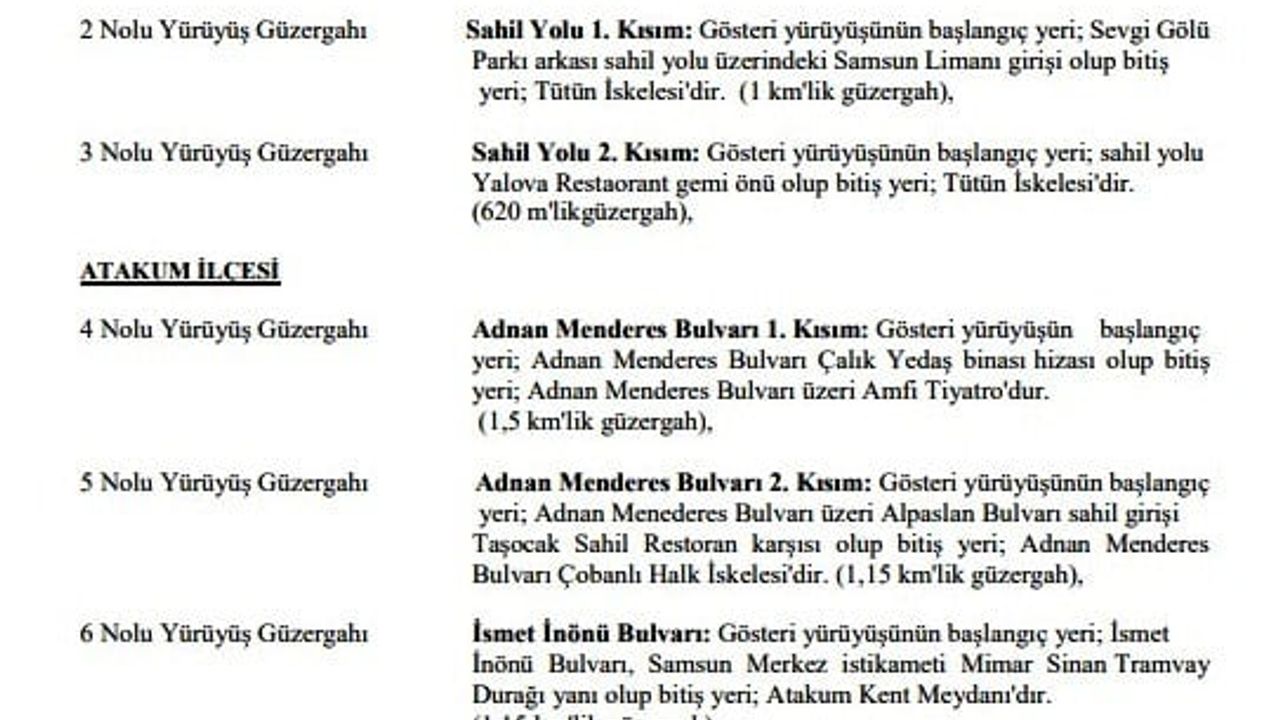Samsun'da 2026 için toplantı, gösteri ve pankart alanları duyuruldu