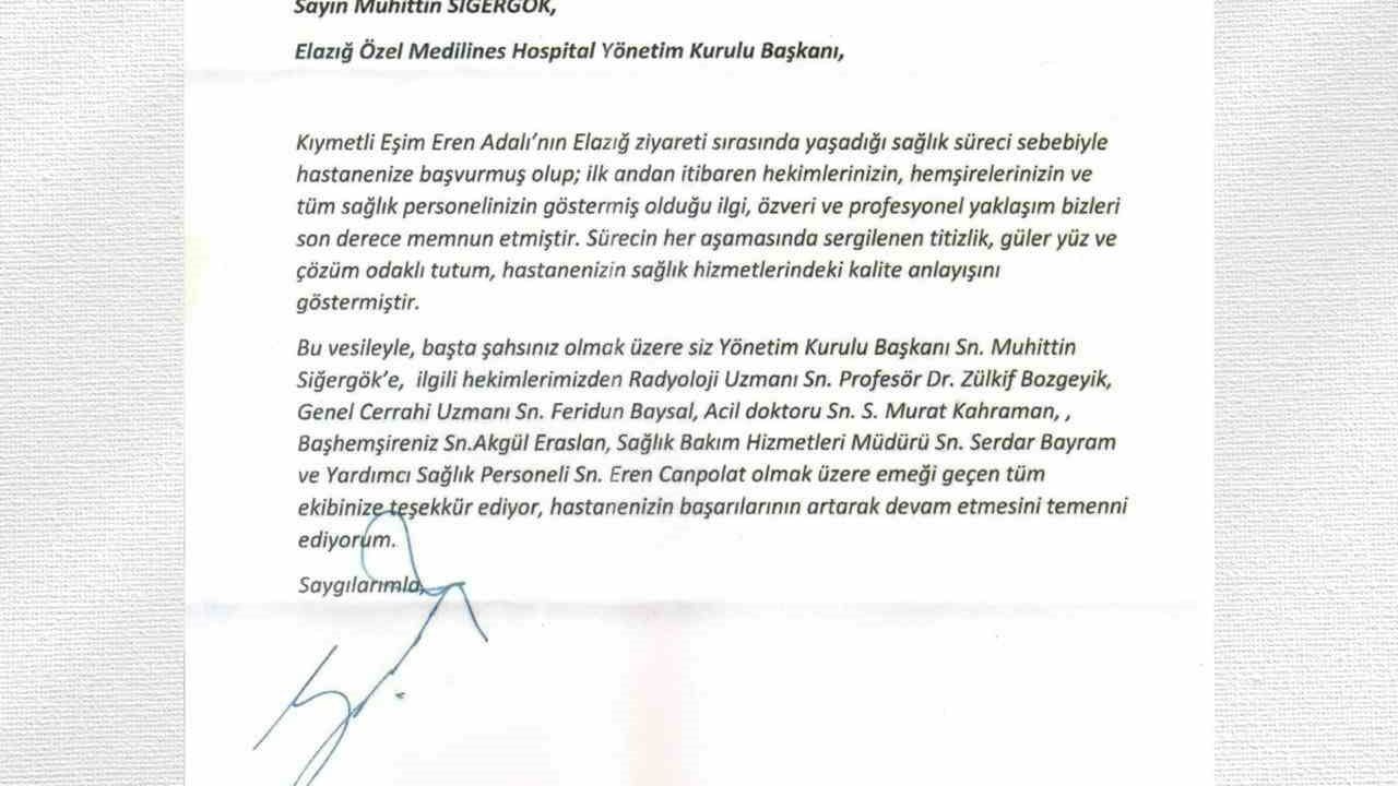 Serdal Adalı’dan Elazığ Medilines Hospital’e teşekkür
