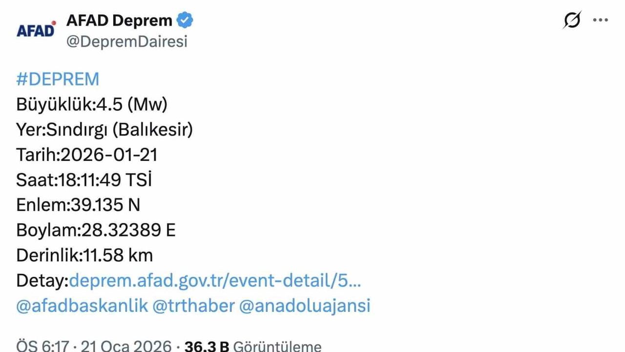 Sındırgı'da 4.5 büyüklüğünde deprem Bursa'da hissedildi