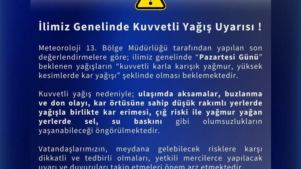 Meteoroloji 13. Bölge Müdürlüğü'nden Bingöl için kuvvetli yağış uyarısı