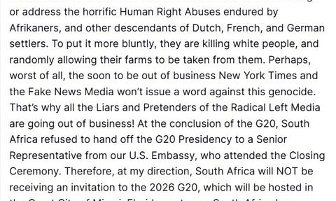 Trump: Güney Afrika 2026 G20 Miami Zirvesi’ne Davet Edilmeyecek