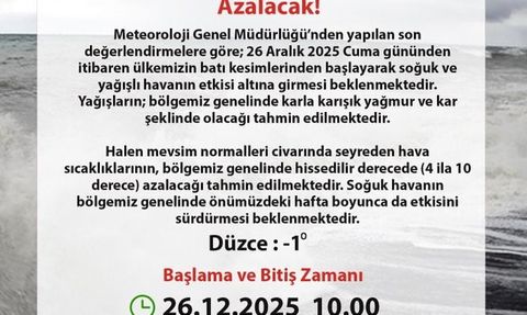 Düzce Valiliği'nden kar yağışı uyarısı — 26 Aralık 2025'ten itibaren