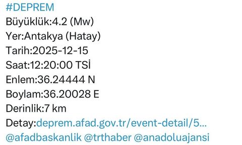 Hatay Valiliği: Antakya'daki 4.2 büyüklüğündeki depremde olumsuz ihbar yok