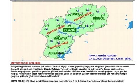Meteoroloji 13. Bölge Müdürlüğü'nden Elazığ, Malatya, Tunceli, Bingöl ve Adıyaman için kuvvetli yağış uyarısı