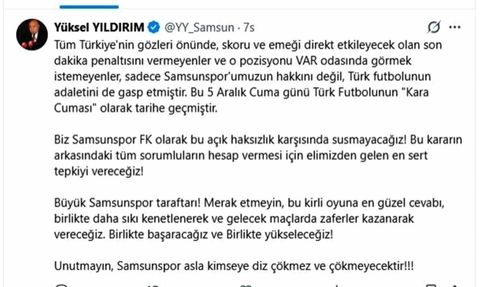 Yüksel Yıldırım: 'Samsunspor asla kimseye diz çökmez ve çökmeyecek'