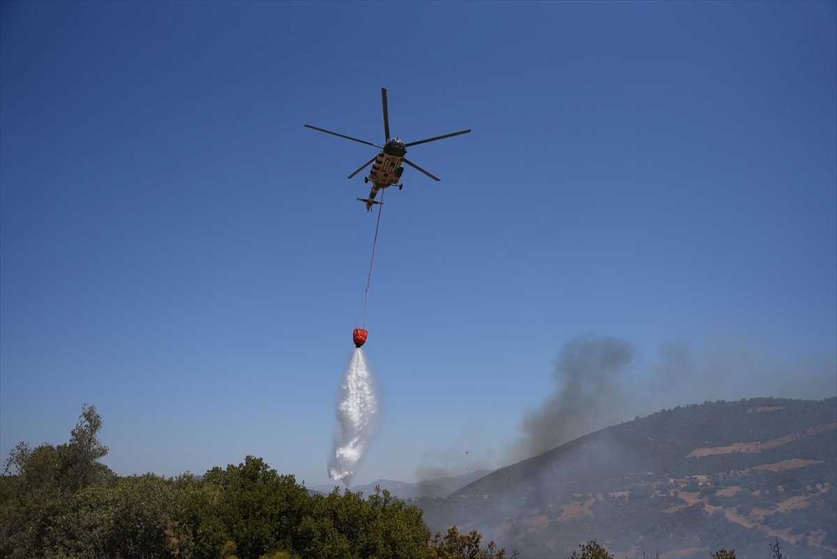 Aydın'ın Didim ilçesinde makilik alanda çıkan yangına havadan ve karadan müdahale ediliyor.