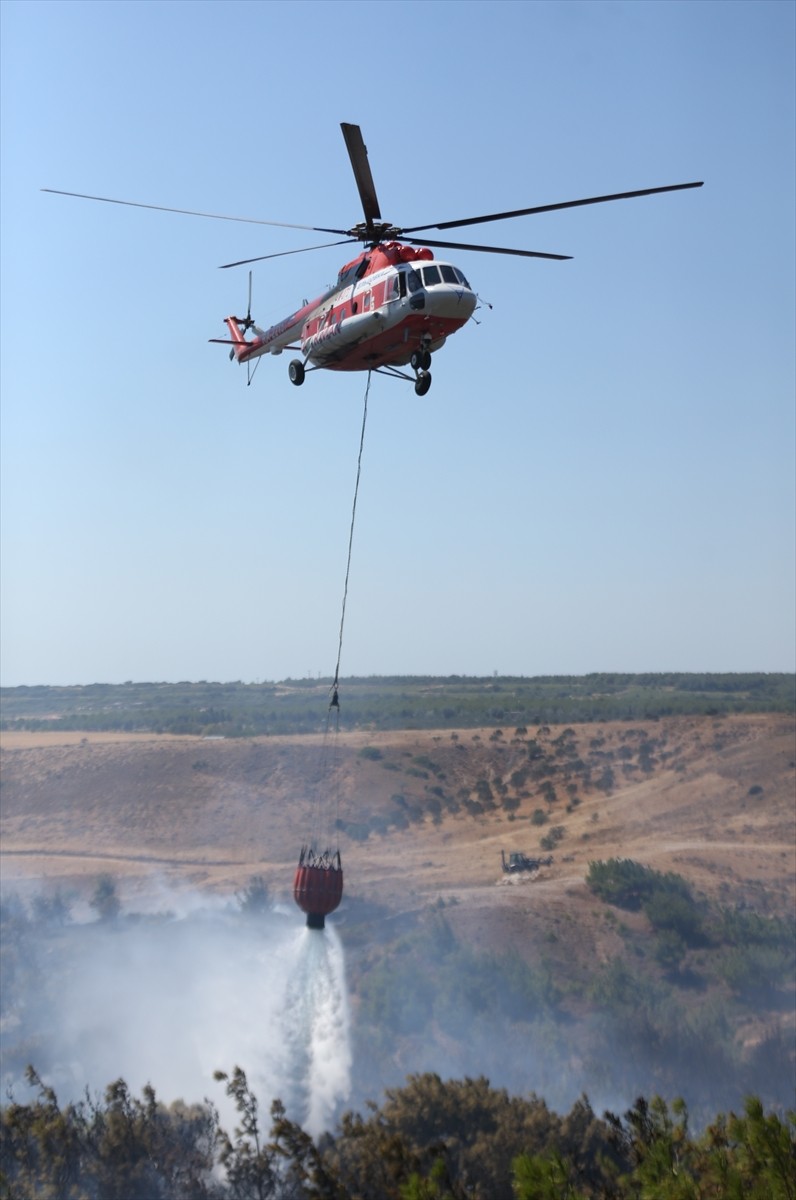 Çanakkale'nin Bozcaada ilçesinde tarım arazisinde çıkan yangın söndürülmeye...