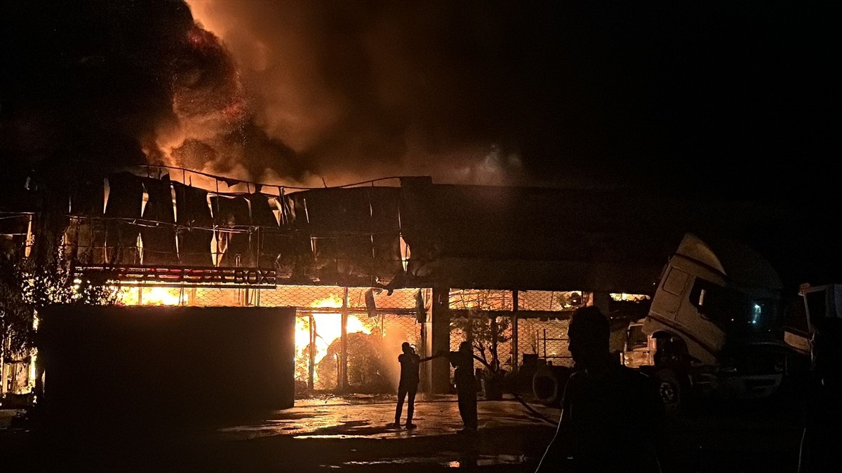 Hatay'ın Payas ilçesinde lastik deposunda çıkan yangına müdahale ediliyor.