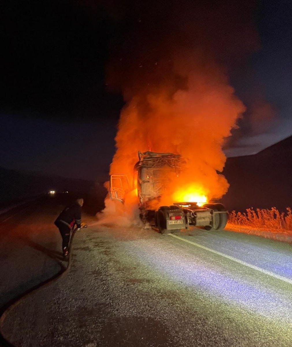 Van'ın Çaldıran ilçesinde seyir halindeyken yanan dorsesiz tır kullanılamaz hale geldi.