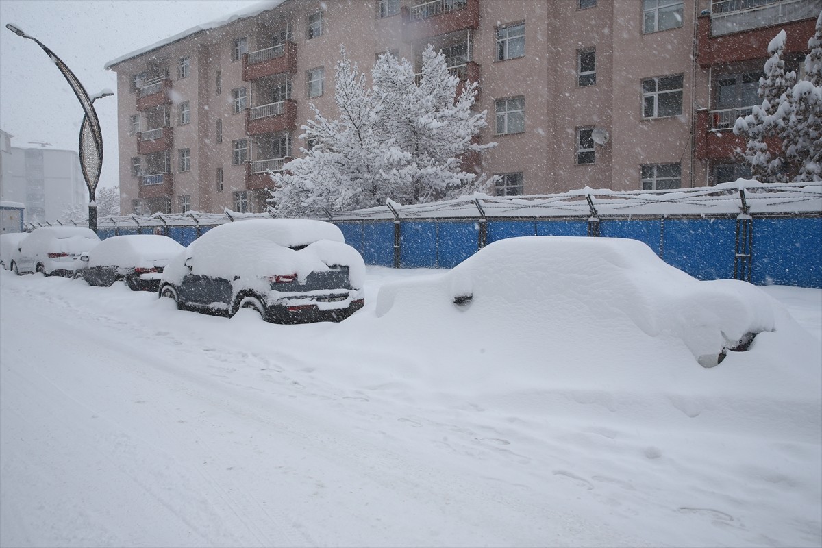 Muş'ta kar yağışı nedeniyle araçlar karla kaplandı, kent merkezi beyaza büründü.  Kentte geceden...