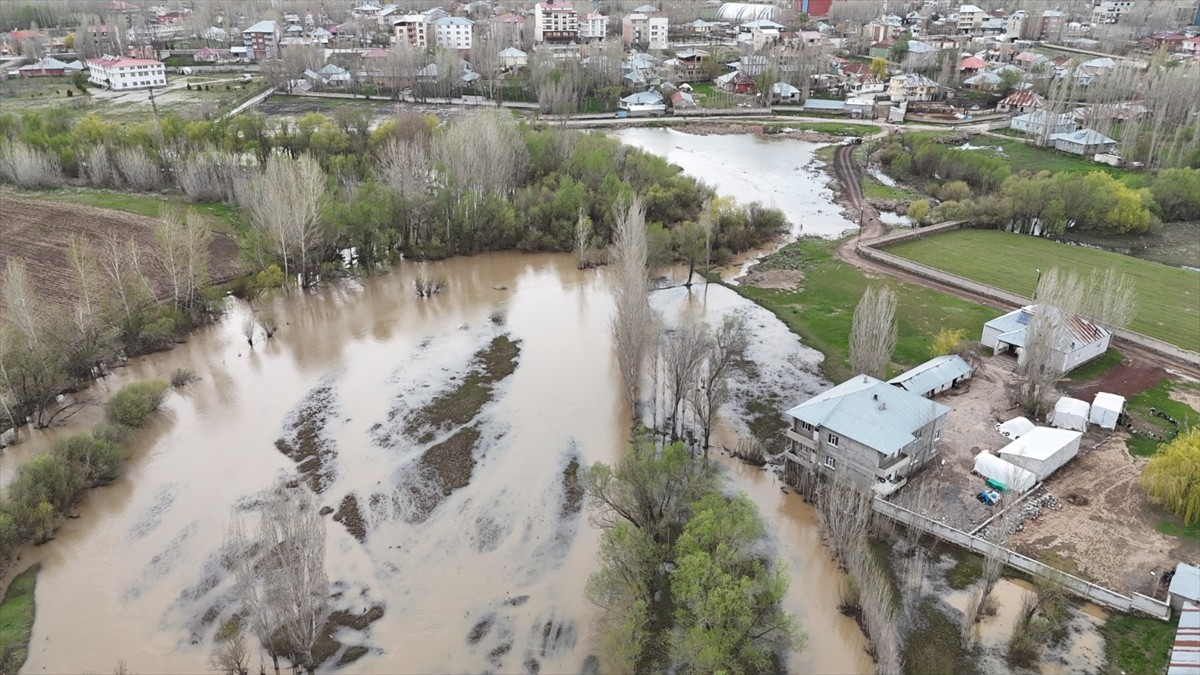 Ağrı'da etkili olan sağanak nedeniyle Badişan Deresi'nin taşması sonucu bazı evler ve tarım...