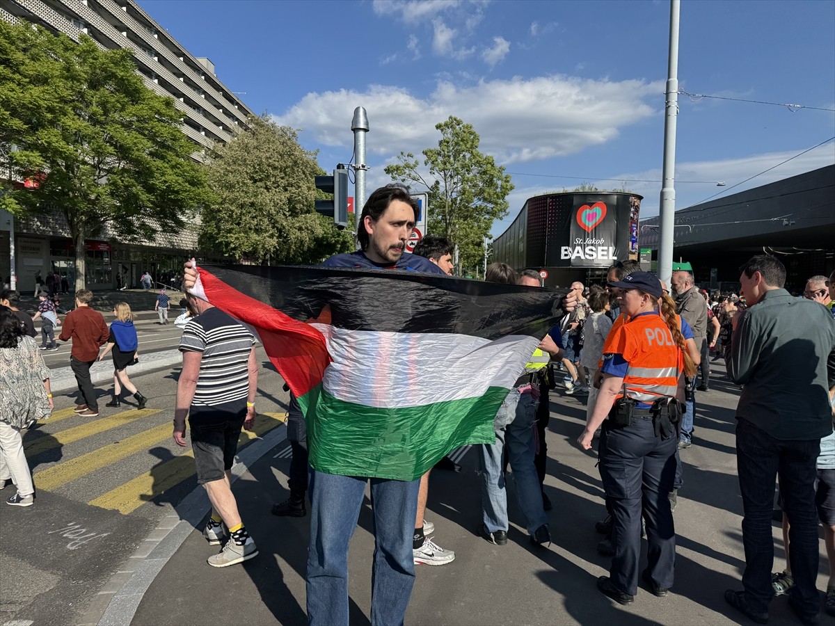 İsviçre’nin Basel kentinde 69’uncusu düzenlenen Eurovision Şarkı Yarışması alanına Filistin...
