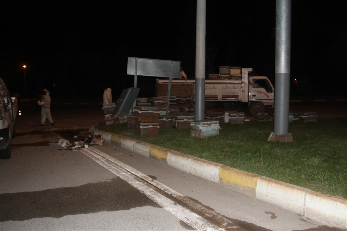 Konya'nın Beyşehir ilçesinde arı kovanı yüklü kamyonet devrildi. Etrafa dağılan arıların soktuğu 2...