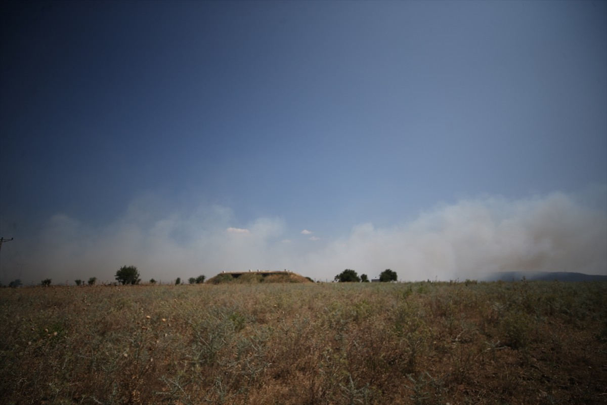 Çanakkale'de merkeze bağlı Özbek köyündeki tarım arazisinde çıkan yangına havadan ve karadan...