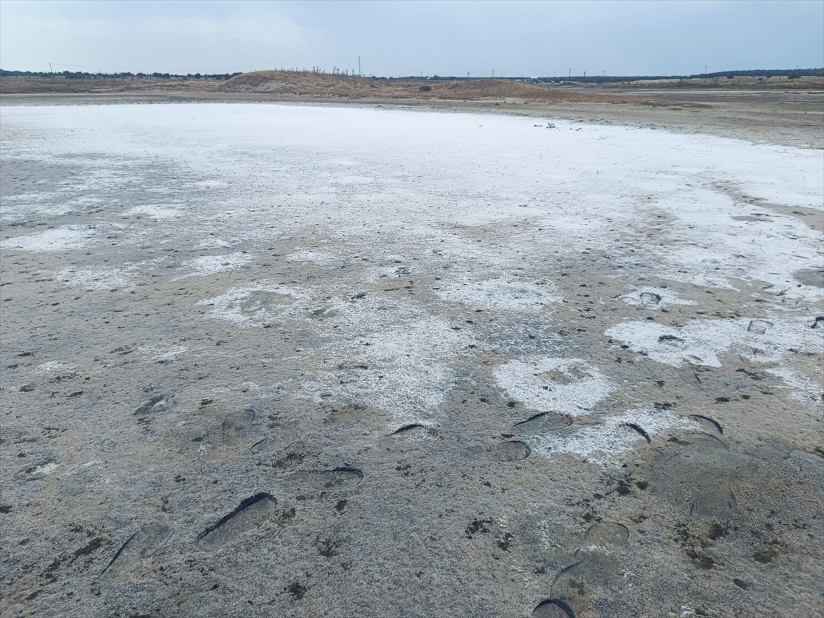 Edirne'nin Enez ilçesinde aşırı sıcaklar nedeniyle suyu buharlaşan Taşaltı Gölü, beyaz ve parlak...