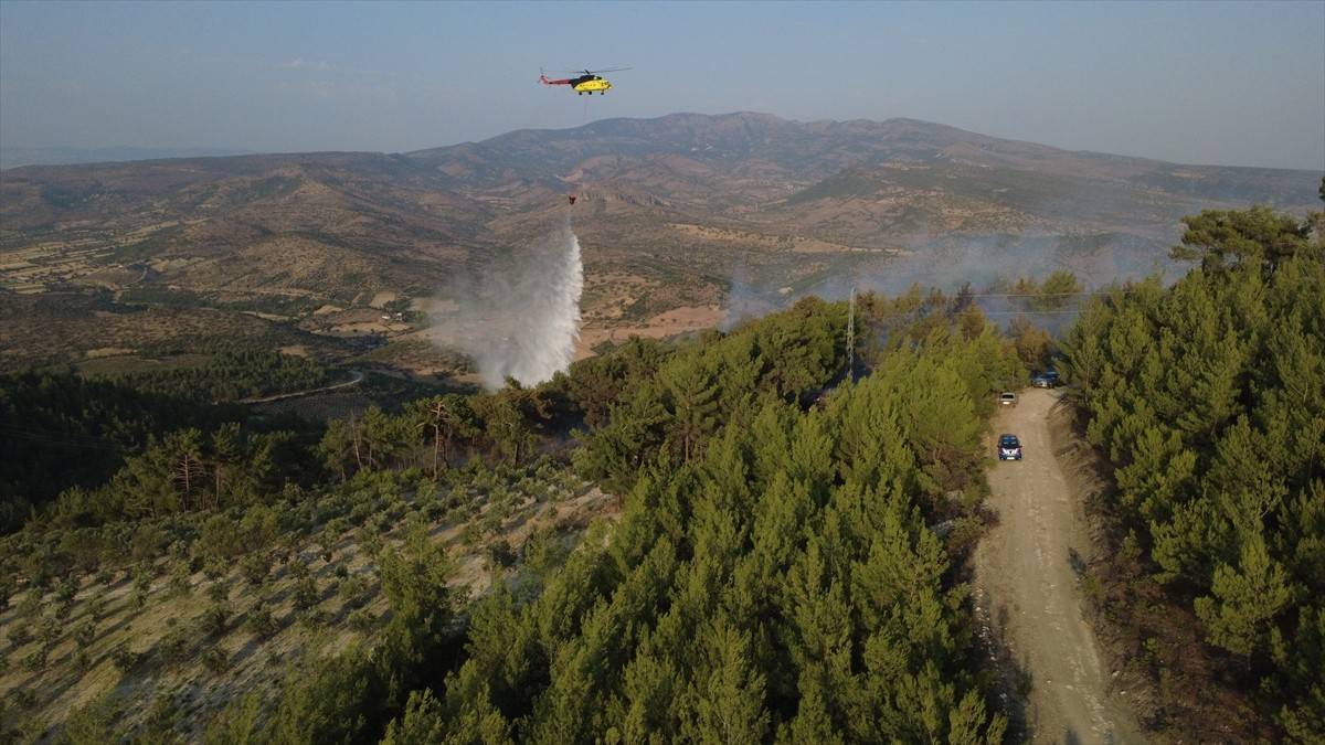 Manisa'nın Demirci ilçesinde ormanlık alanda çıkan yangın, ekiplerin havadan ve karadan...