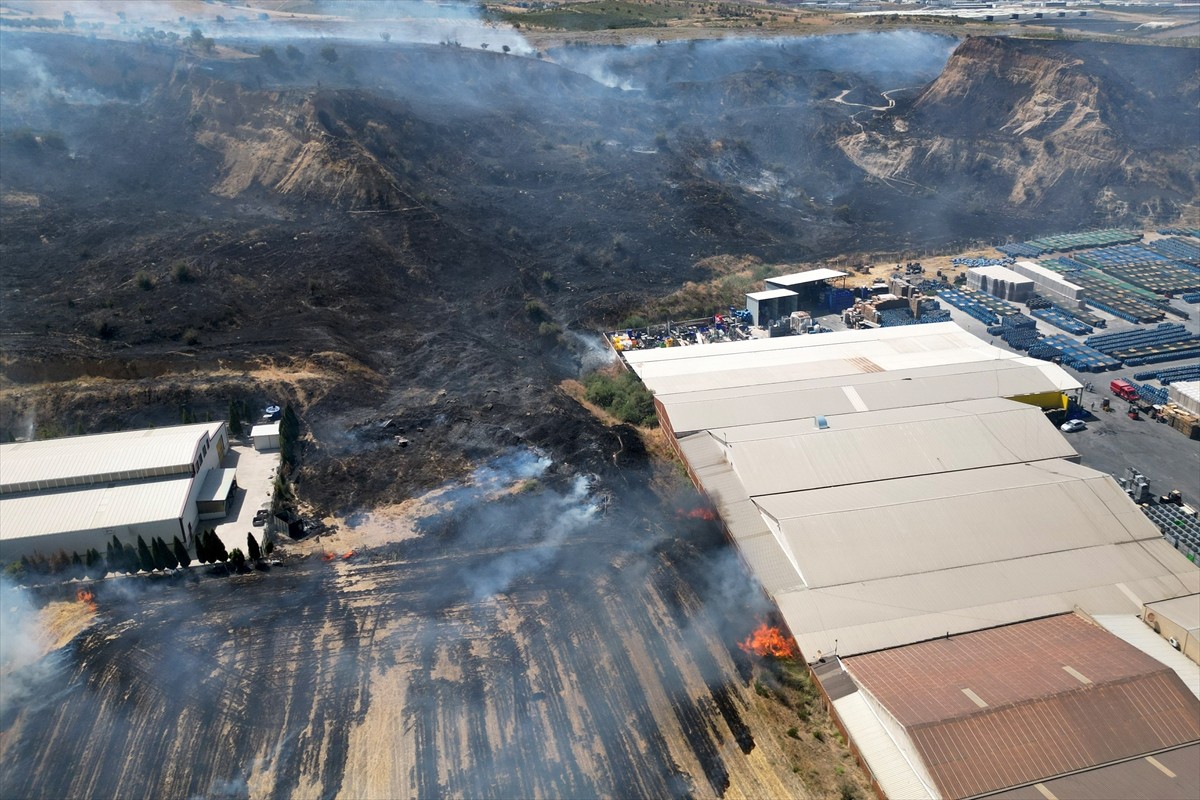Manisa'nın Turgutlu ilçesinde otluk alanda başlayıp makilik ve tarım arazilerine sıçrayan yangın...