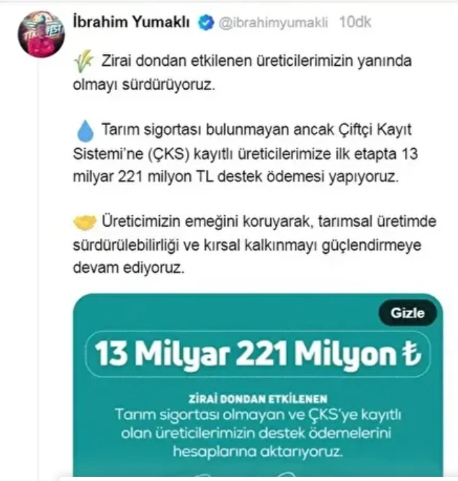 Bakan Yumaklı'dan Müjde: Zirai Don Ödemeleri Başlıyor