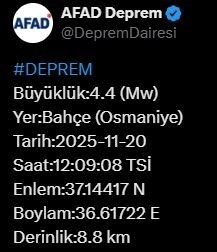 AFET VE ACİL DURUM YÖNETİMİ BAŞKANLIĞI (AFAD), OSMANİYE’DE 4.4 BÜYÜKLÜĞÜNDE DEPREM MEYDANA...