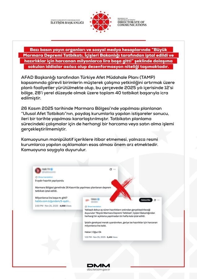 DEZENFORMASYONLA MÜCADELE MERKEZİ, SOSYAL MEDYA HESABINDAN YAPTIĞI PAYLAŞIMDA BÜYÜK MARMARA...