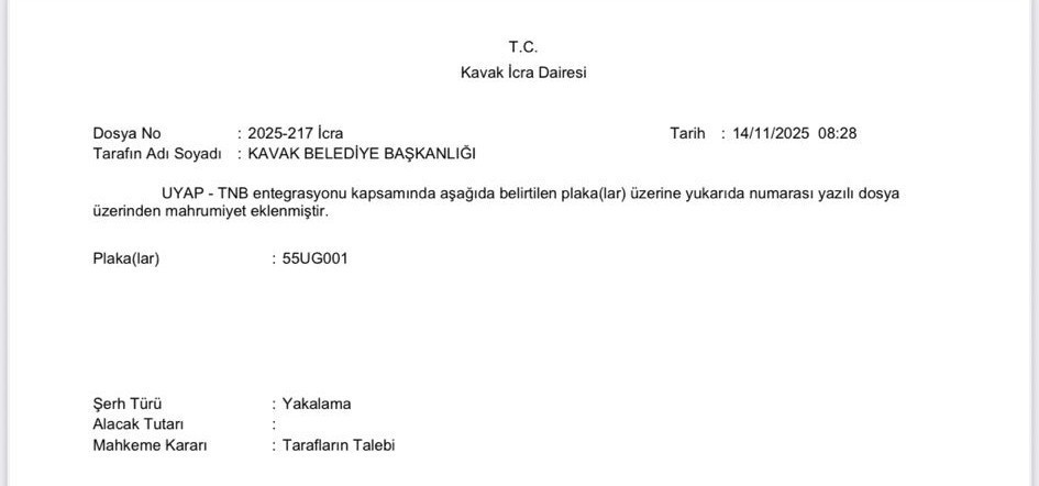 KAVAK İLÇE BELEDİYESİ’NİN RESMİ MAKAM ARACINA, BİR MÜTEAHHİDE OLAN BORÇ NEDENİYLE HACİZ VE...