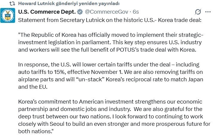 ABD TİCARET BAKANI HOWARD LUTNİCK, İKİLİ TİCARET VE YATIRIM ANLAŞMASI KAPSAMINDA, GÜNEY KORE’DEN...