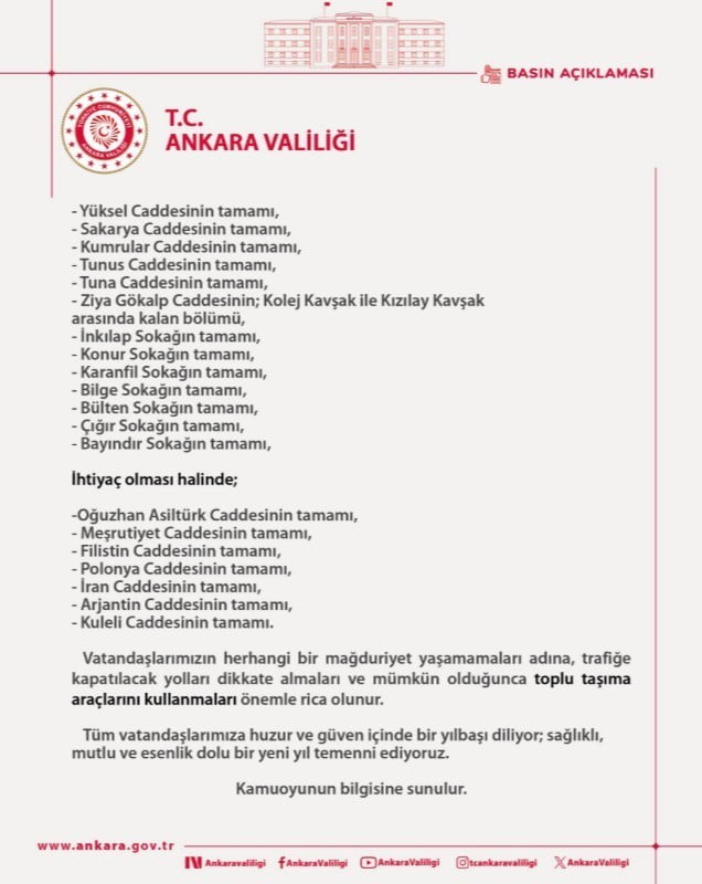 ANKARA VALİLİĞİ, YILBAŞI TEDBİRLERİ NEDENİYLE KENTTE 19 BİN 242 EMNİYET PERSONELİ İLE GEREKLİ...