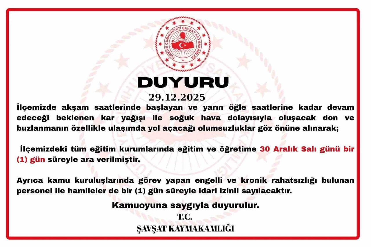 ARTVİN’İN ŞAVŞAT İLÇESİNDE ETKİLİ OLMASI BEKLENEN KAR YAĞIŞI, DON VE BUZLANMA NEDENİYLE EĞİTİME...