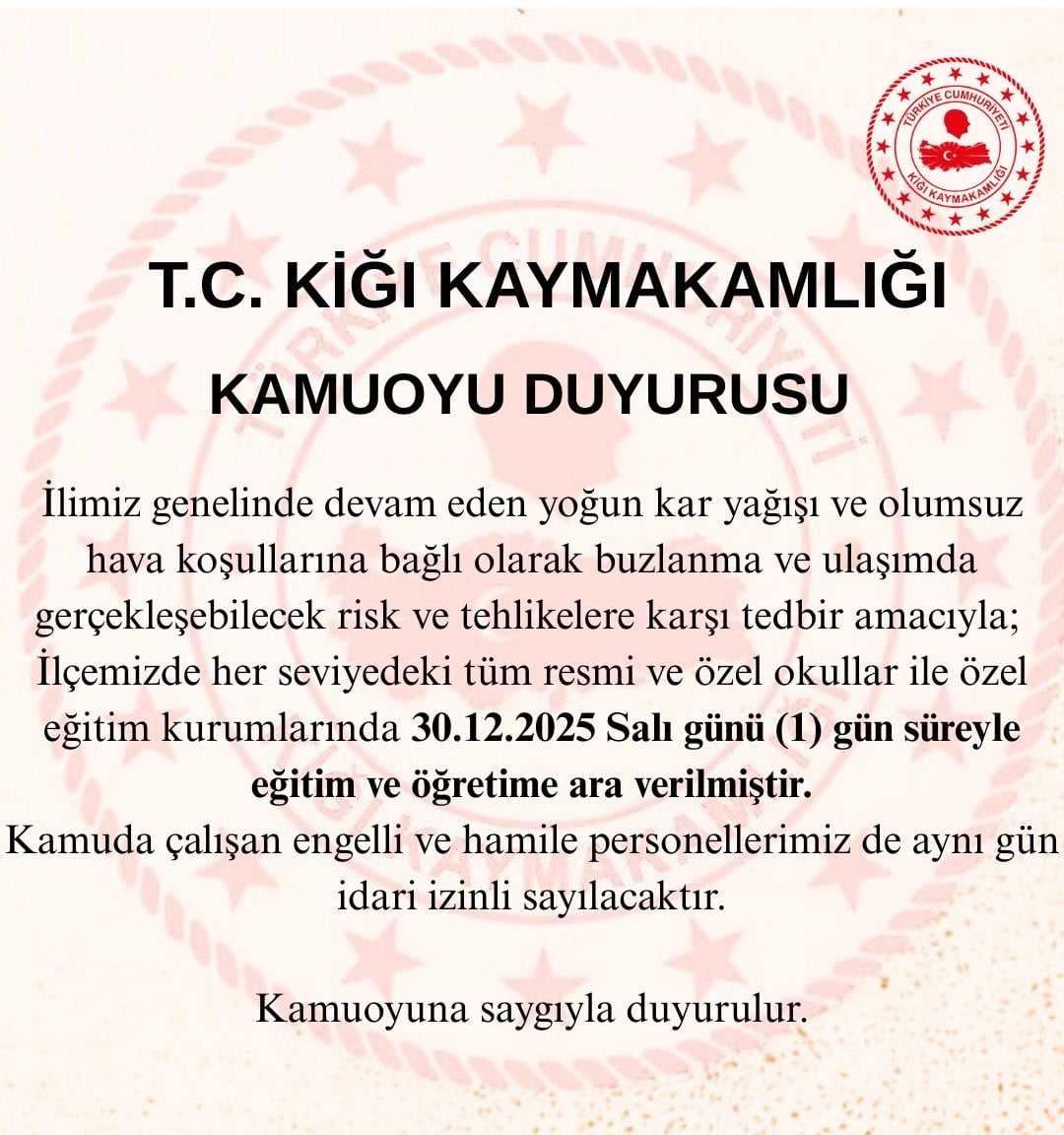 BİNGÖL’DE KAR TATİLİ: ADAKLI VE KİĞI’DA TÜM OKULLAR, MERKEZDE TAŞIMALI EĞİTİME ARA