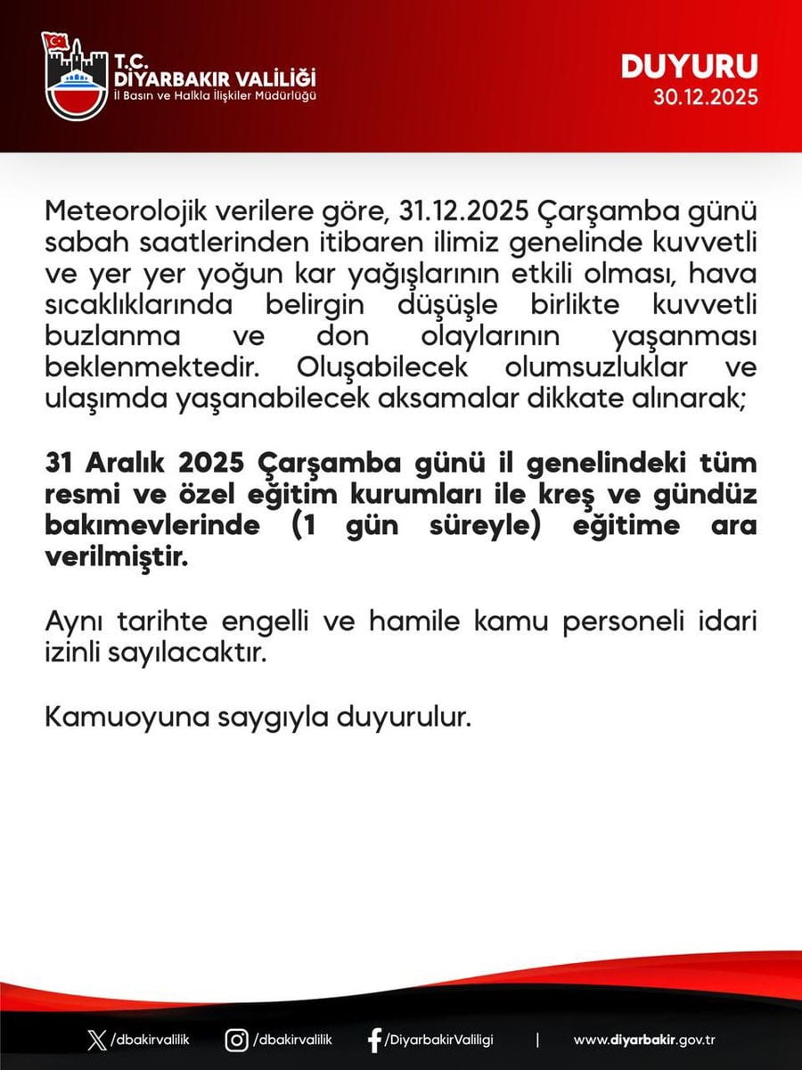 DİYARBAKIR’DA KAR YAĞIŞI NEDENİ İLE OKULAR YARIN DA TATİL EDİLDİ.