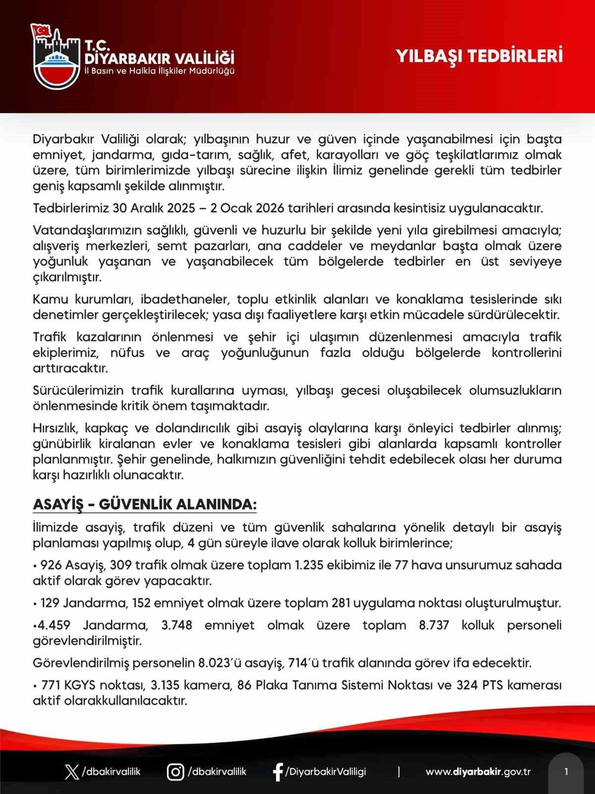 DİYARBAKIR VALİLİĞİ, YILBAŞI TEDBİRLERİ KAPSAMINDA 4 BİN 459 JANDARMA, 3 BİN 748 EMNİYET OLMAK...