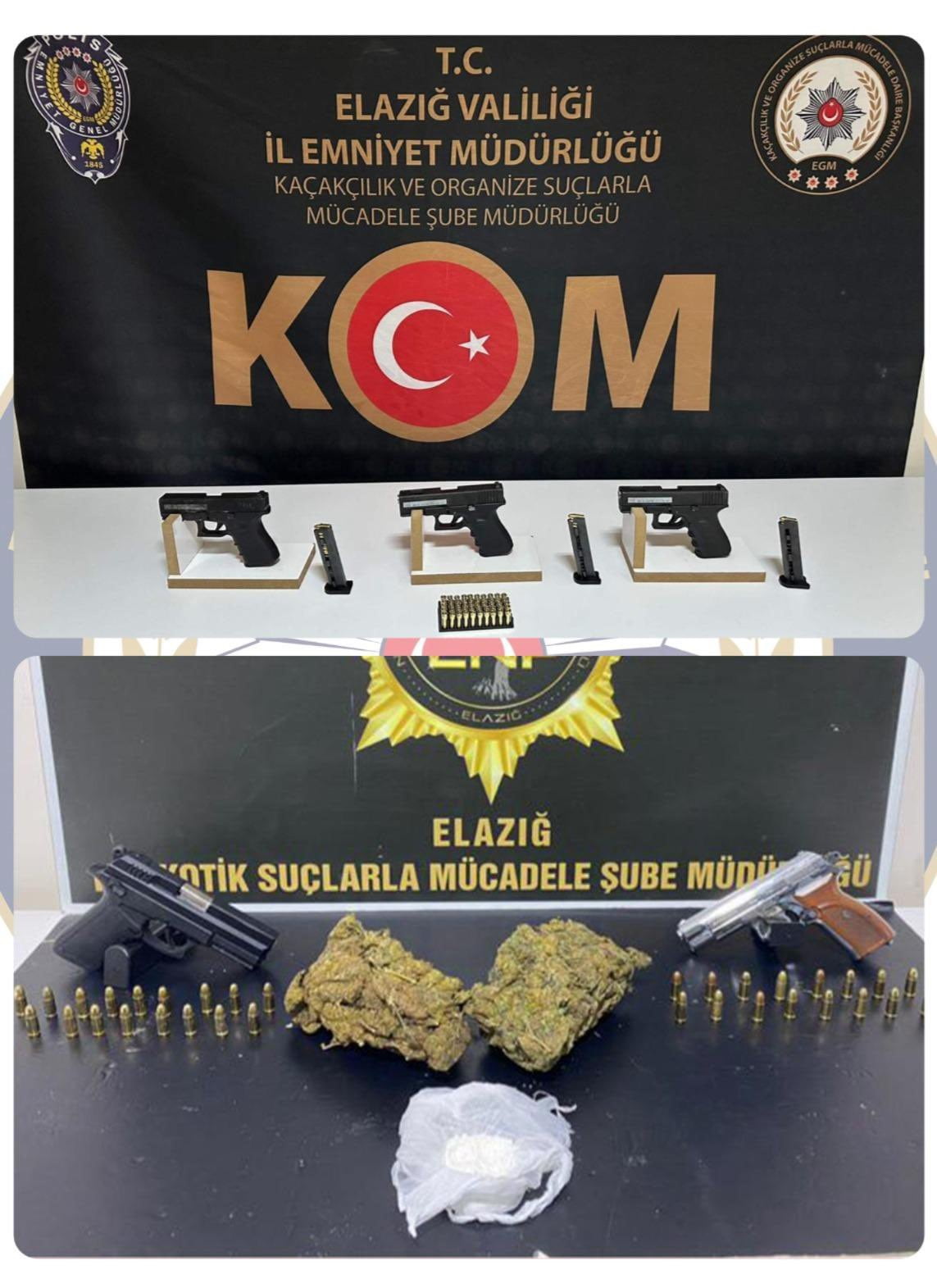 ELAZIĞ’DA DÜZENLENEN OPERASYONDA 530 GRAM ESRAR, 32 GRAM KOKAİN İLE 5 RUHSATSIZ TABANCA ELE...