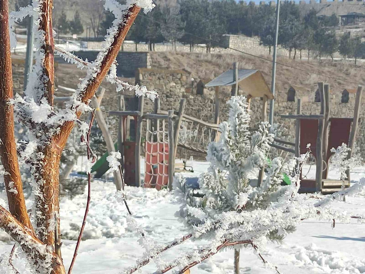 GÖLE İLÇESİNDE HAVA SICAKLIĞININ EKSİ 16 DERECEYE KADAR DÜŞMESİYLE BİRLİKTE KENT GENELİNDE AĞAÇLAR...