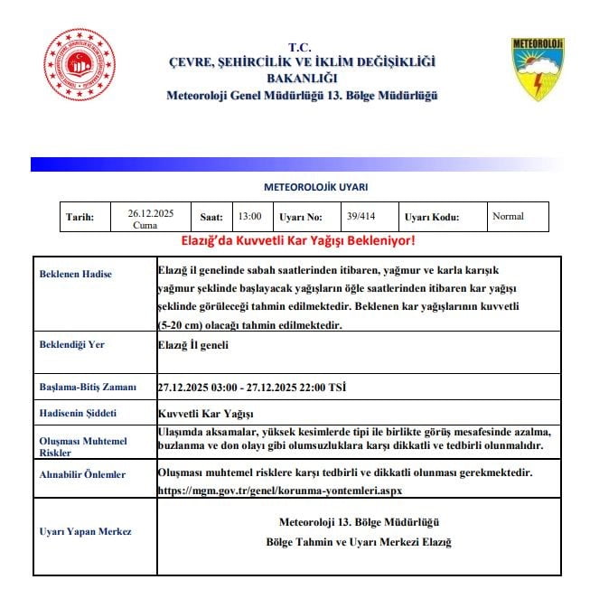 METEOROLOJİ 13. BÖLGE MÜDÜRLÜĞÜ, ELAZIĞ, BİNGÖL VE TUNCELİ İÇİN KUVVETLİ KAR YAĞIŞI UYARISINDA...