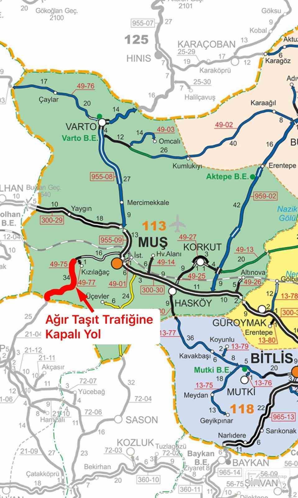 MUŞ-KULP KARAYOLUNUN BELİRLİ BİR KESİMİ, KAR VE TİPİ NEDENİYLE TIR VE ÇEKİCİ TİPİ ARAÇ TRAFİĞİNE...