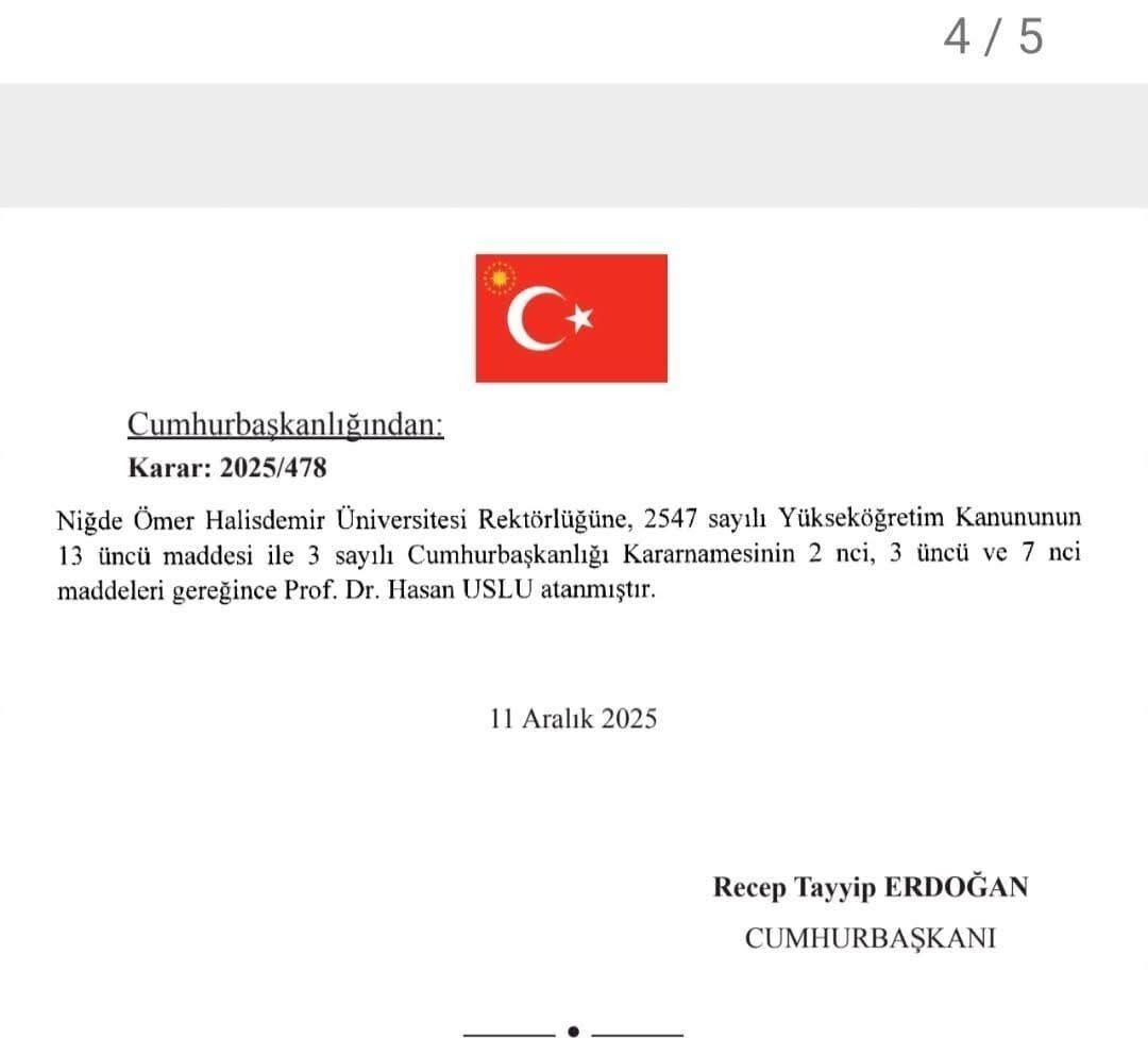 PROF. DR. HASAN USLU YENİDEN NİĞDE ÖMER HALİSDEMİR ÜNİVERSİTESİ REKTÖRÜ OLDU