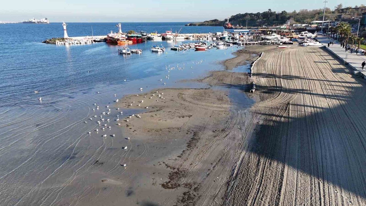 TEKİRDAĞ'IN MARMARAEREĞLİSİ İLÇESİNDE DENİZİN YAKLAŞIK 20 METRE ÇEKİLMESİYLE ORTAYA ÇIKAN...