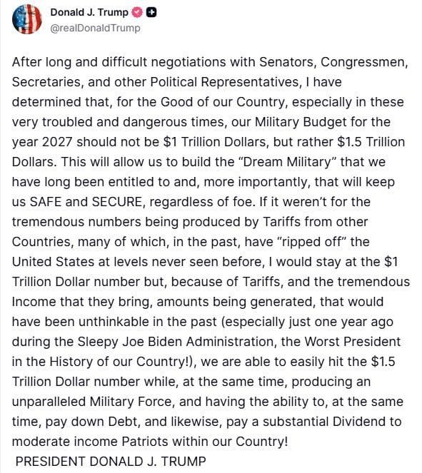 ABD BAŞKANI TRUMP: "2027 SAVUNMA BÜTÇEMİZİN 1,5 TRİLYON DOLAR OLMASI GEREKTİĞİNE KARAR...