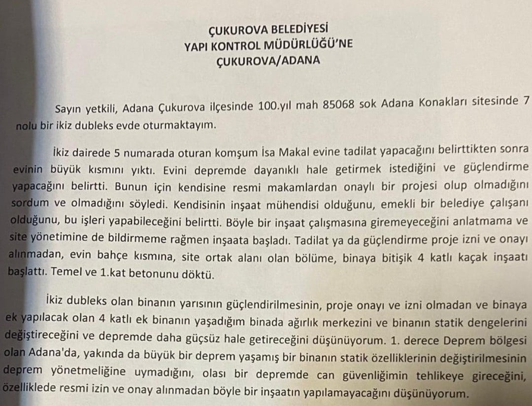 ADANA'DA BİR DOKTORUN DUBLEKS EVİNE BİTİŞİK VİLLADA İZİNSİZ TADİLAT YAPILDIĞI VE SİTE BAHÇESİNE DE...