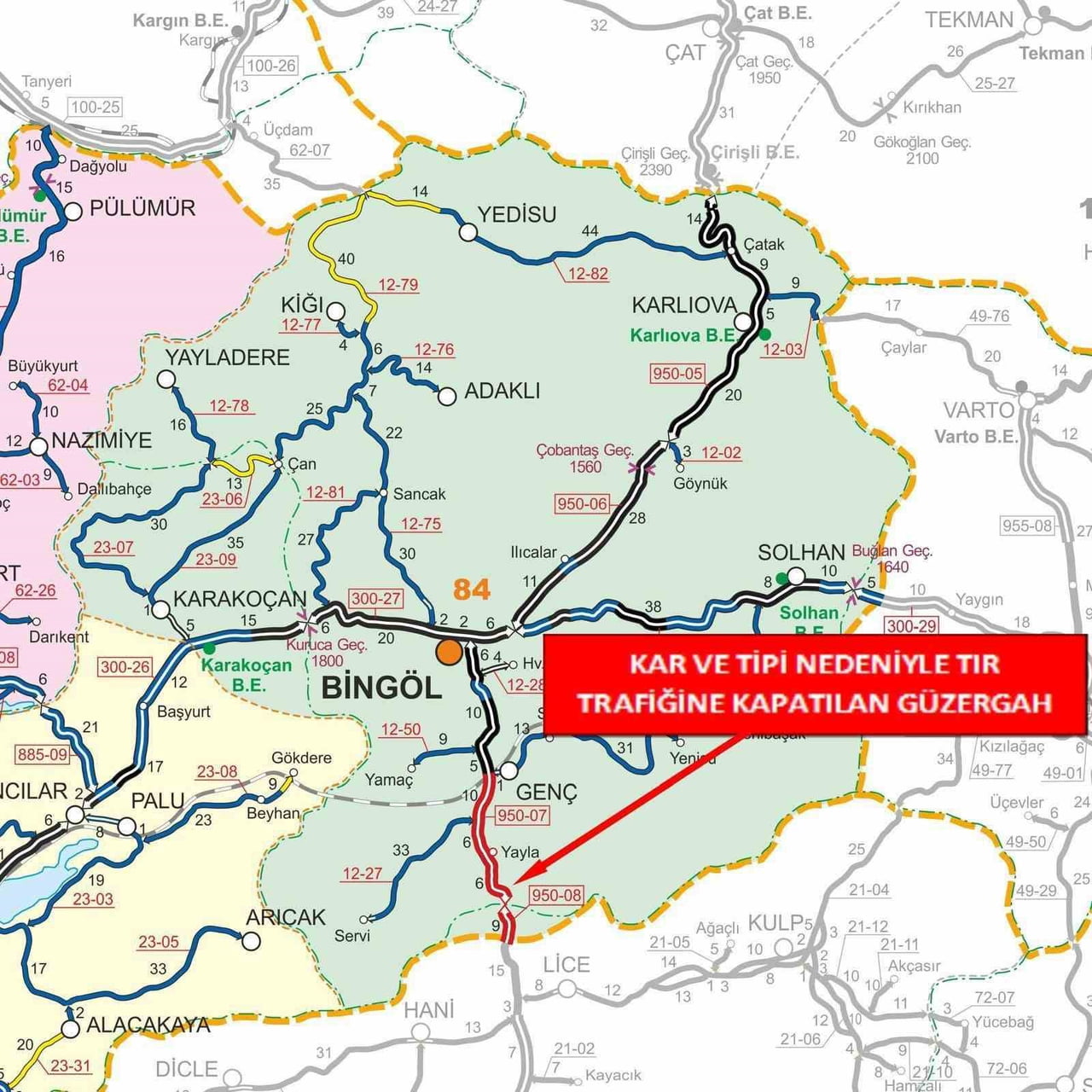 BİNGÖL-DİYARBAKIR KARAYOLUNUN BİR KISMI, KAR VE TİPİ NEDENİYLE TIR TRAFİĞİNE KAPATILDI