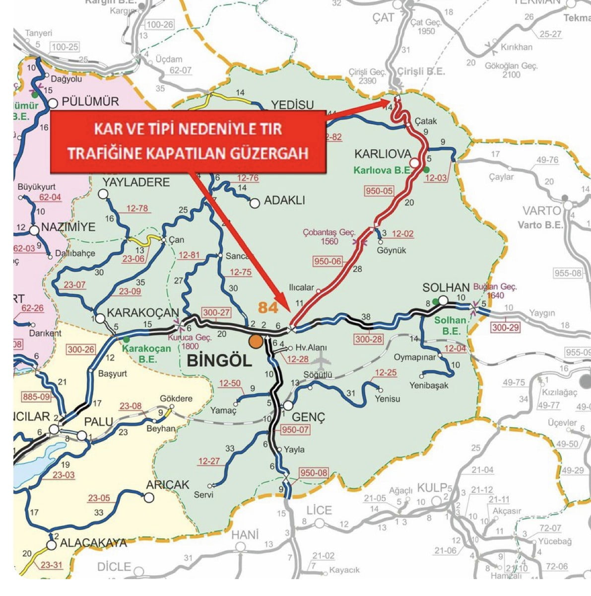BİNGÖL-ERZURUM  KARAYOLUNUN BİR KISMI, KAR VE TİPİ NEDENİYLE TIR TRAFİĞİNE KAPATILDI