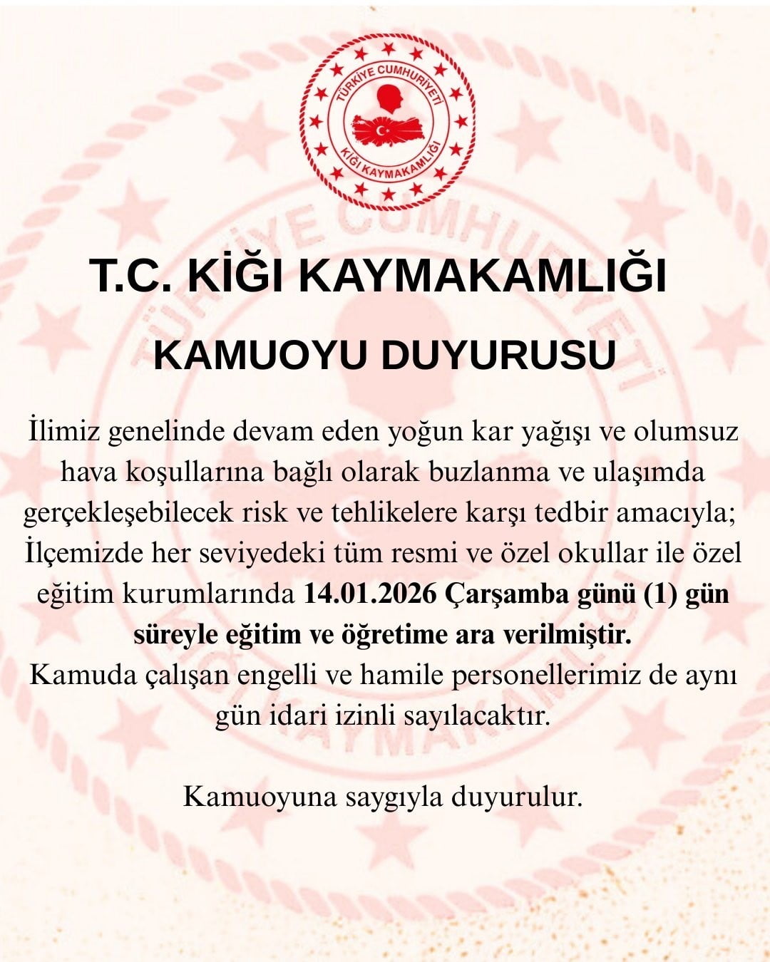 BİNGÖL’ÜN 3 İLÇESİNDE  EĞİTİME 1 GÜN ARA VERİLDİ