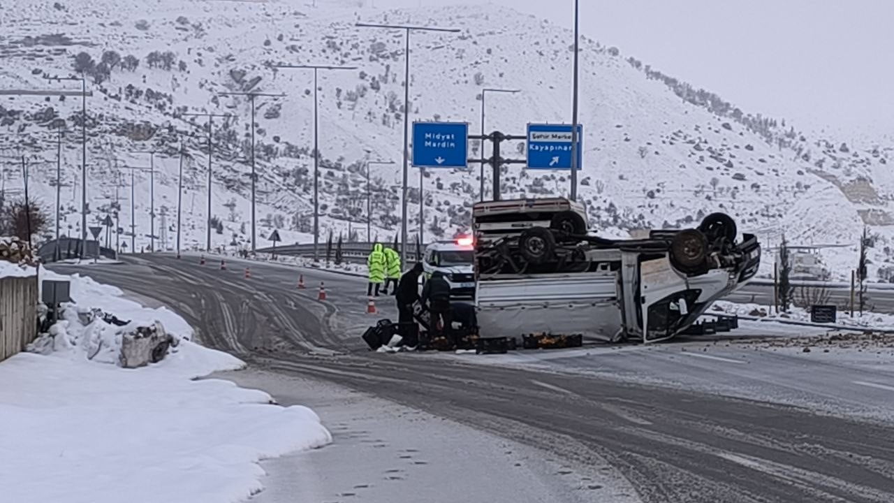 GERCÜŞ İLÇESİNDE MEYVE YÜKLÜ KAMYONET KONTROLDEN ÇIKARAK DEVRİLDİ. YOLA SAÇILAN TONLARCA MEYVEYİ...