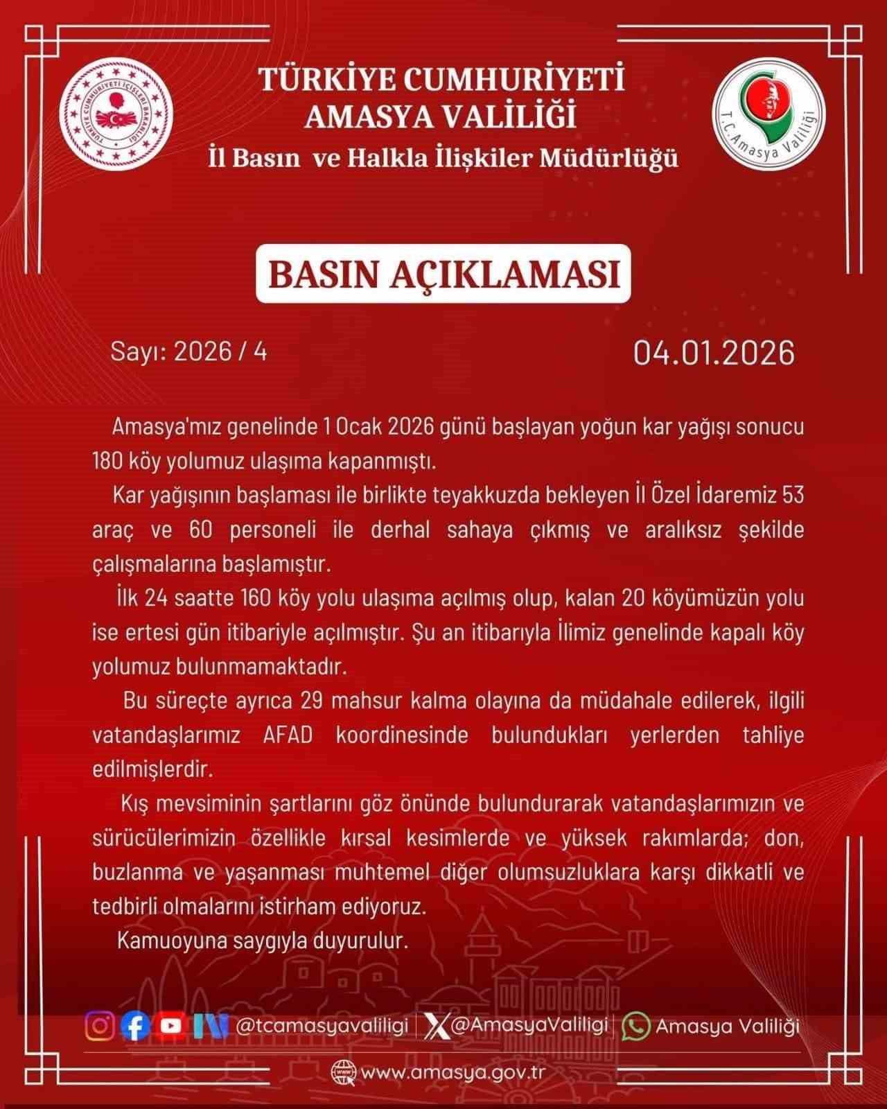 KAR YAĞIŞININ BAŞLAMASIYLA BİRLİKTE TEYAKKUZDA BEKLEYEN AMASYA İL ÖZEL İDARESİNİN 53 ARAÇ VE 60...