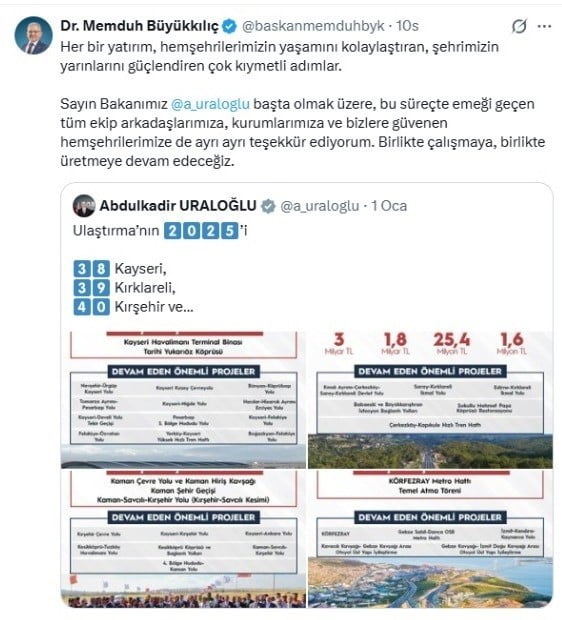 KAYSERİ BÜYÜKŞEHİR BELEDİYE BAŞKANI DR. MEMDUH BÜYÜKKILIÇ, ULAŞTIRMA VE ALTYAPI BAKANLIĞI’NIN 2025...