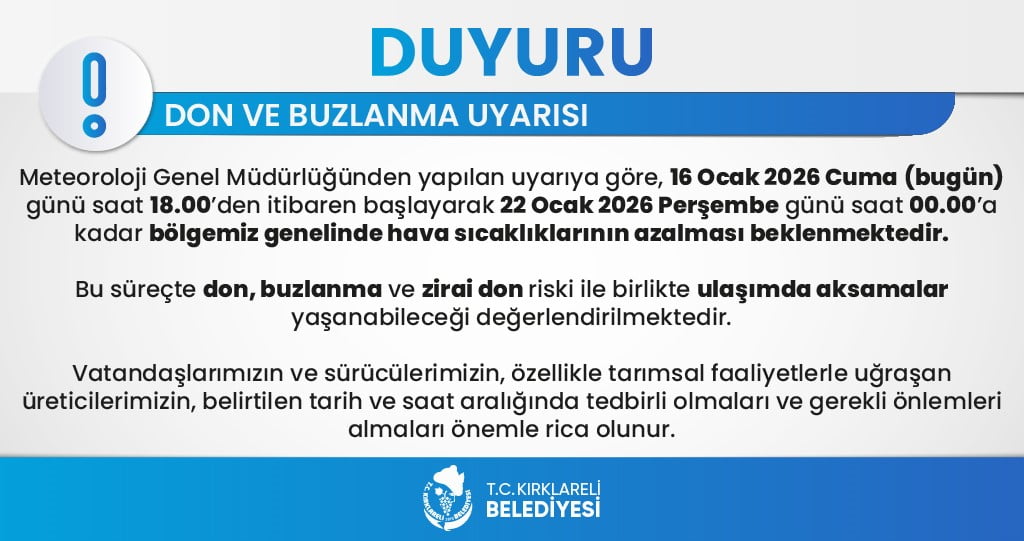 KIRKLARELİ GENELİNDE DON VE BUZLANMA UYARISI: 6 GÜN SÜRECEK