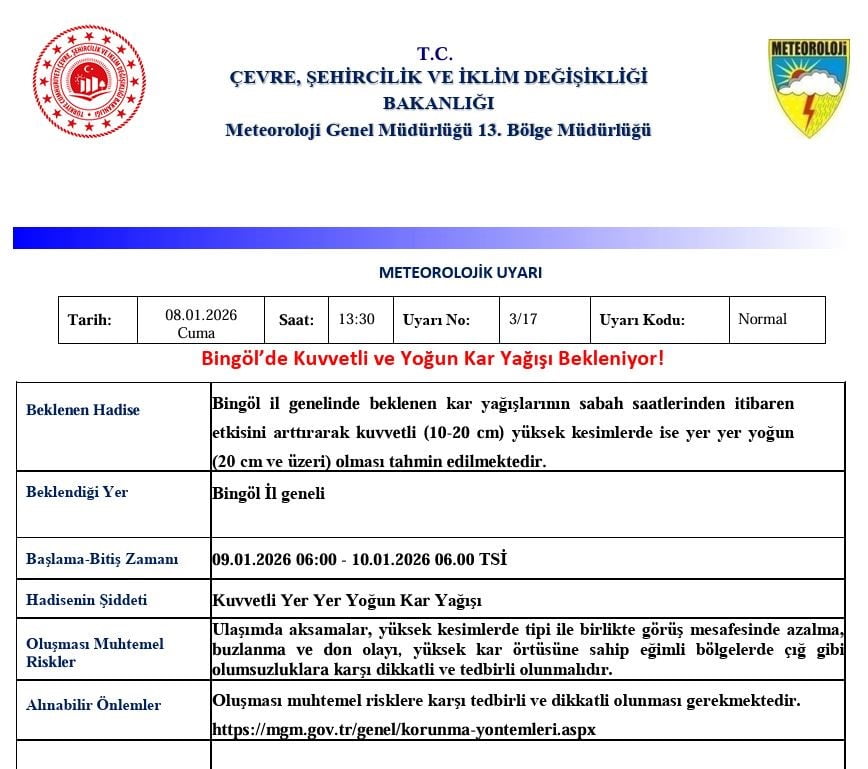 METEOROLOJİ 13. BÖLGE MÜDÜRLÜĞÜ, BİNGÖL İÇİN KUVVETLİ VE YOĞUN KAR UYARISI  YAPTI